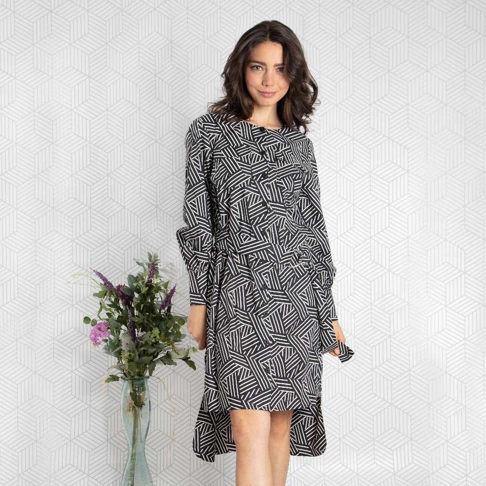Band Shirt Dress with Waist Belt (Dot & Stripe)